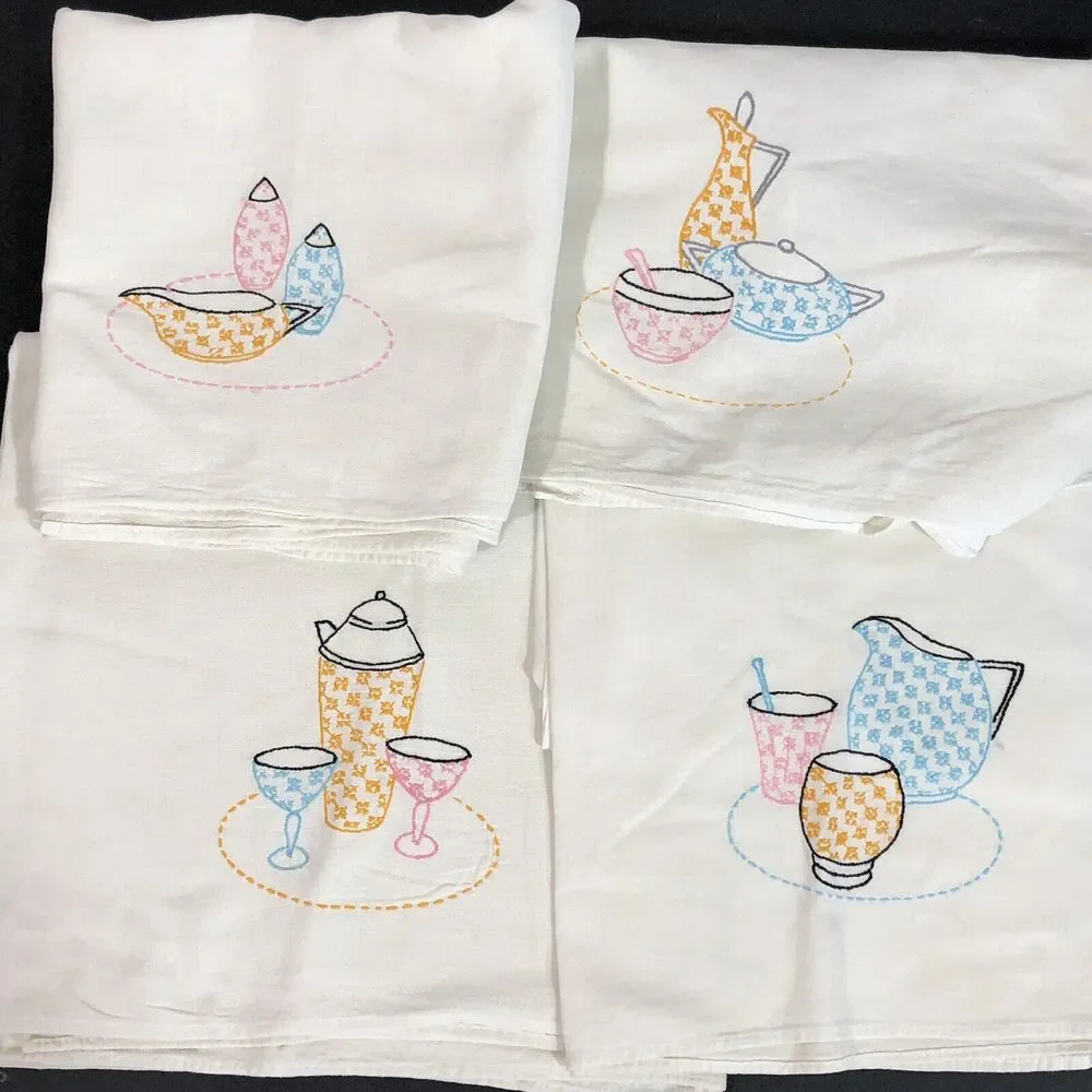 Vintage Tea Towel Set Embroidered Drinks Cocktail Pitcher Retro Pink Blue Yellow